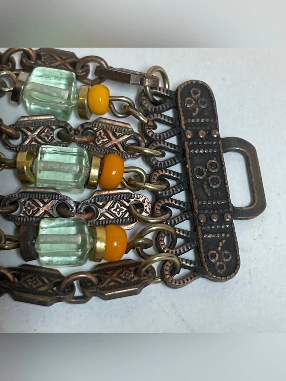 African Egyptian  Style Boho Beaded Copper Chain Brass Paddles Dangle Bracelet